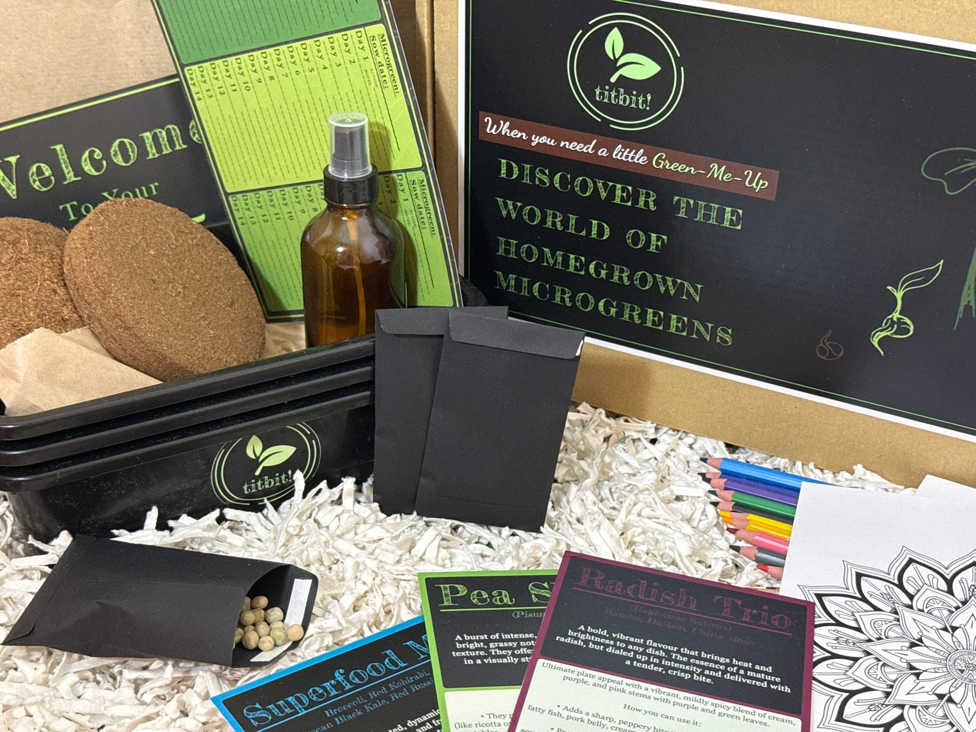 Homegrown microgreens kit with supplies and branded materials