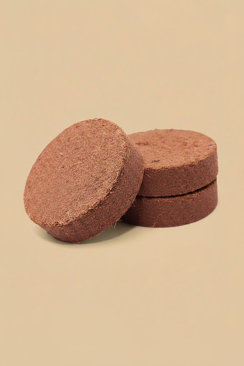 3 stacked coir discs on a tan background