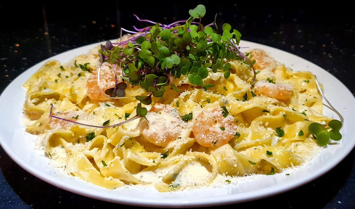 A close-up shot of a creamy pasta dish on a white plate, featuring shrimp, microgreens, and grated cheese on a dark background.