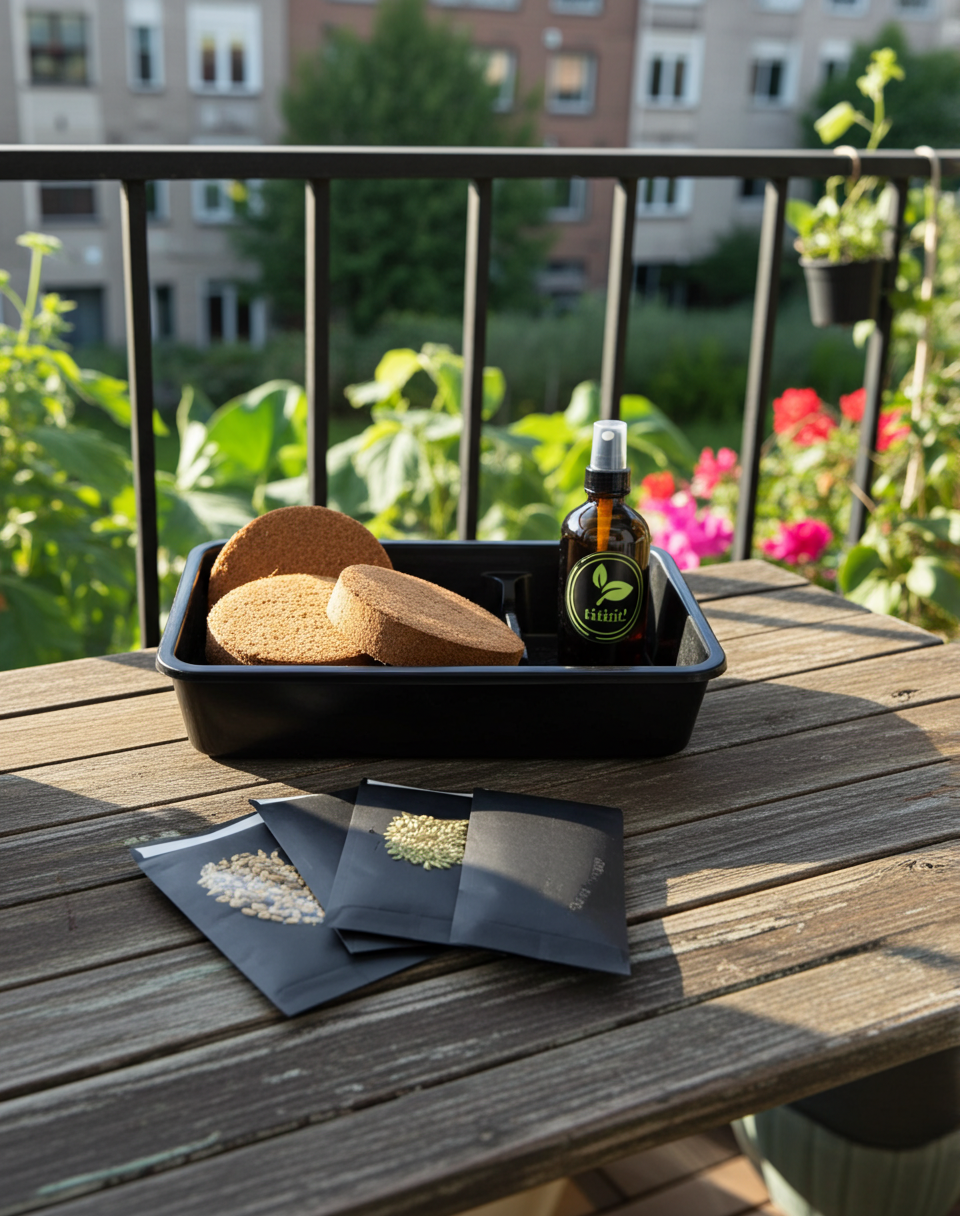 Balcony table with a black tray containing coir discs and a bottle, set against a garden backdrop.