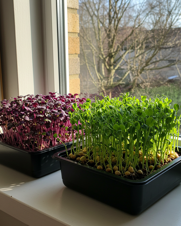 Two containers of microgreens on a windowsill with a view of trees outside.
