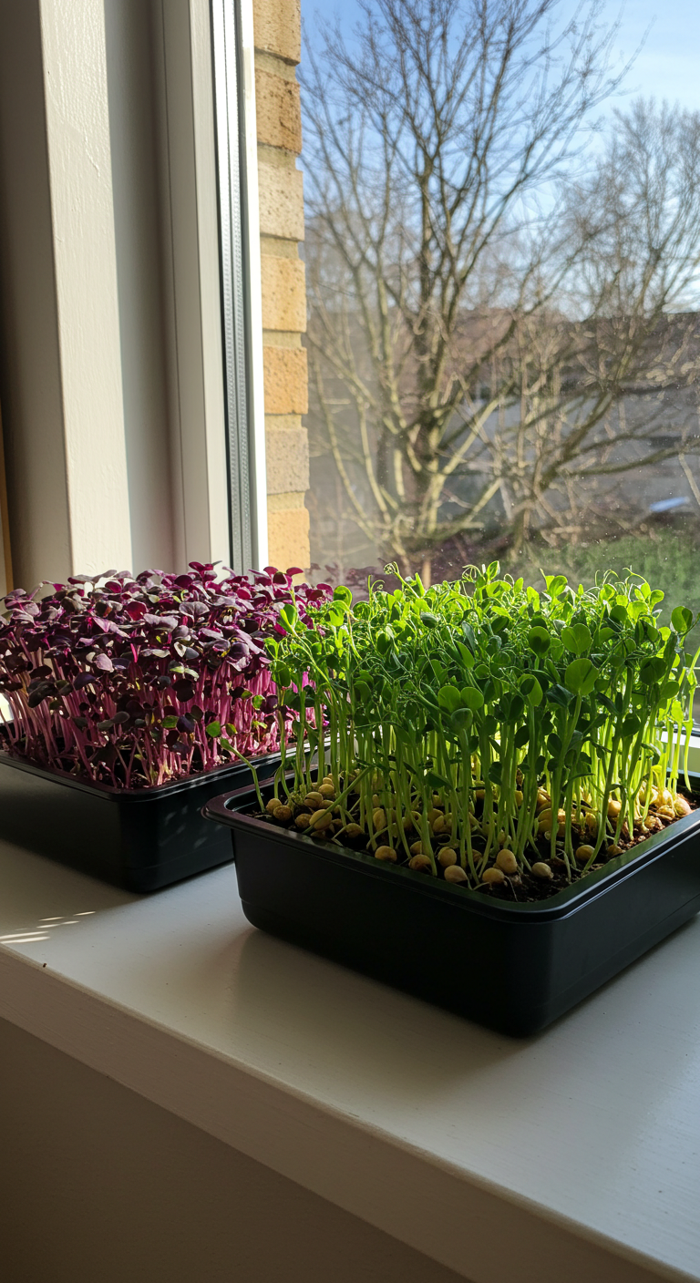 Two containers of microgreens on a windowsill with a view of trees outside.