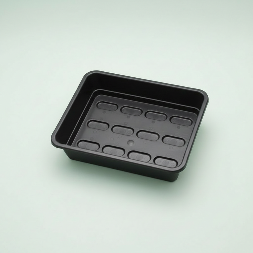 Black reservoir tray on a light green background