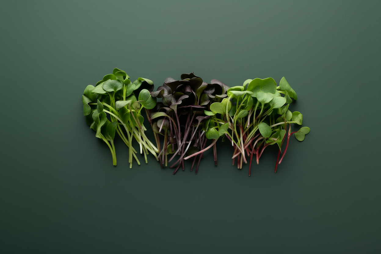 Three types of microgreens arranged in a row on a dark green background 