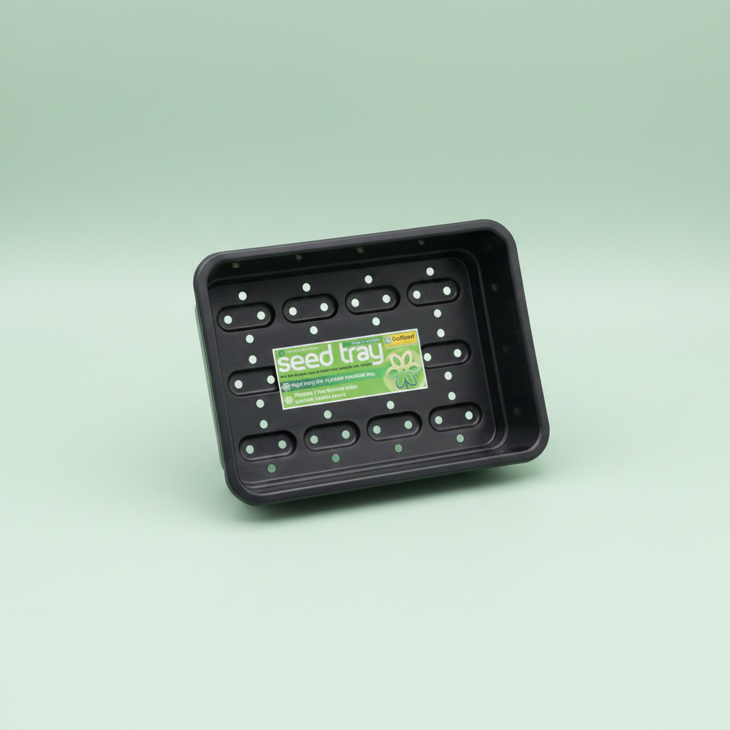 Black seed tray with a green label on a light green background
